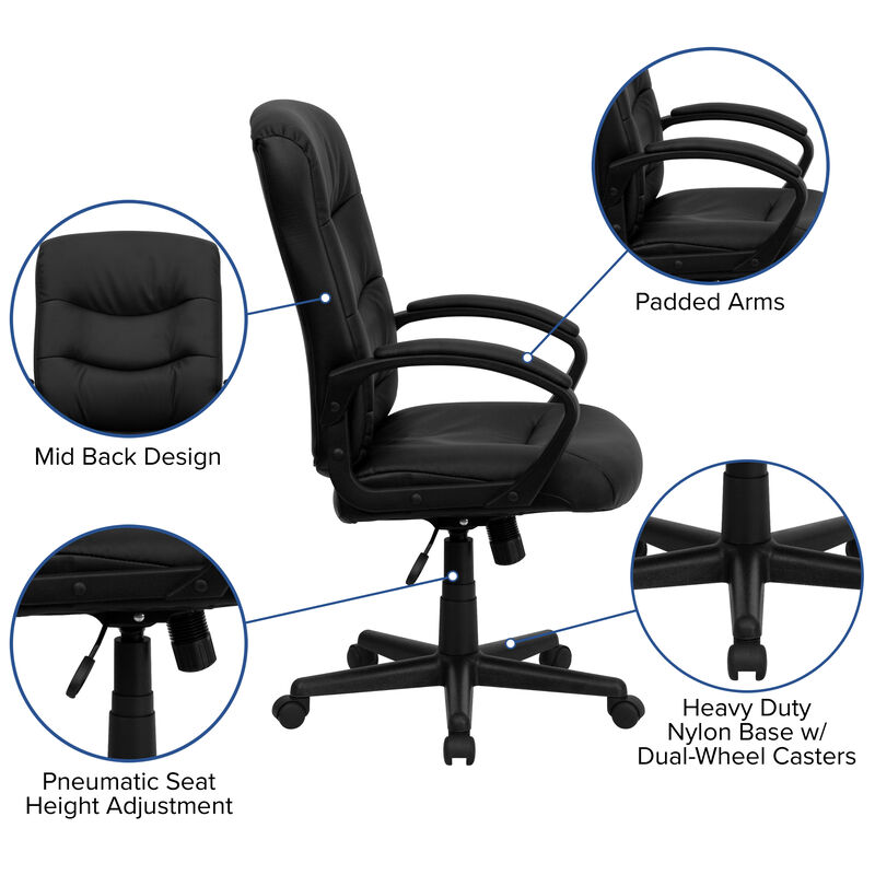 Chelsea Mid-Back Black LeatherSoft Executive Swivel Office Chair with Three Line Horizontal Stitch Back and Arms image number 5