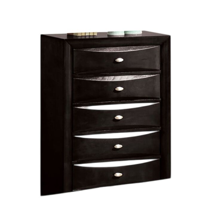 Simo Tall Dresser Chest, 5 Drawers, Chrome Handles, Modern Black Wood