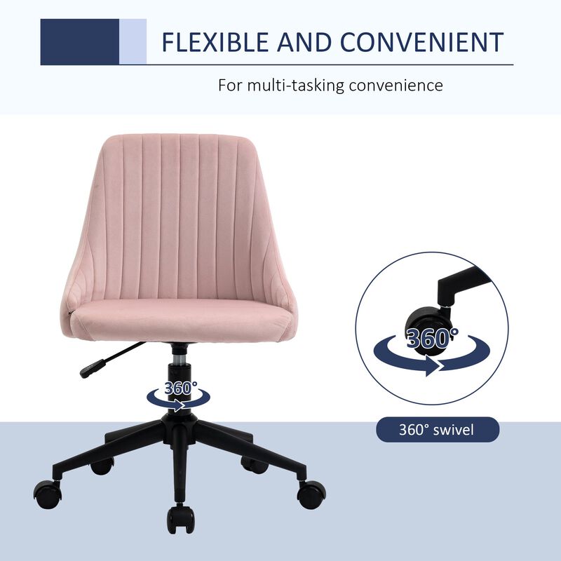 Pink Office Elegance: Velvet Swivel Mid-Back Chair with Scallop Design