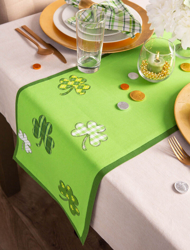 54" Green and White Shamrock Embroidered Rectangular Table Runner