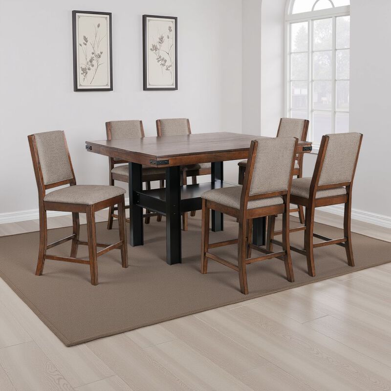 Patter 7 Piece Counter Height Dining Set, 6 Padded Chairs, Mango Oak - Benzara