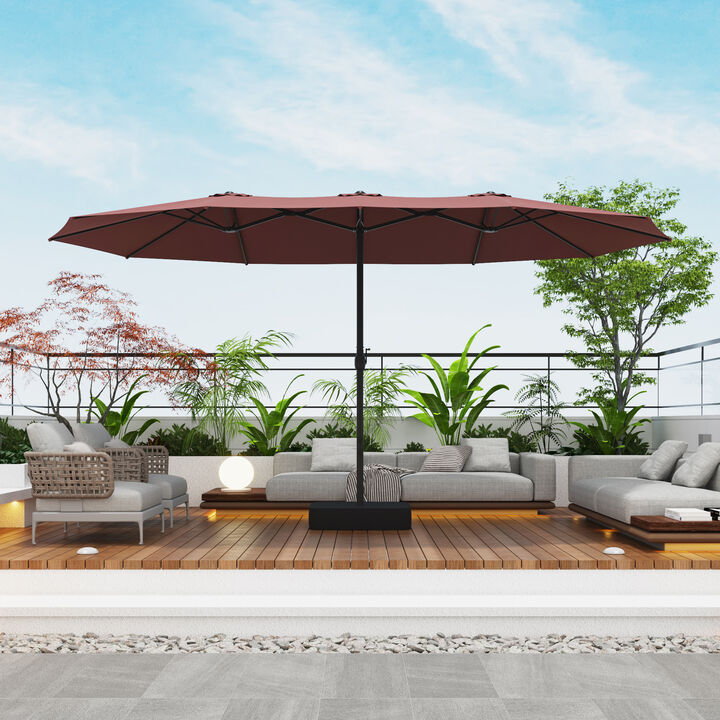 FUFU&GAGA Double-Head Patio Umbrella with Sandbag Base Crank Lift and Polyester Canopy 15ft x 9ft x 8ft Wine Red