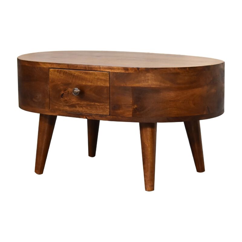 Mini Chestnut Rounded Solid Wood 1 Drawer  Coffee Table