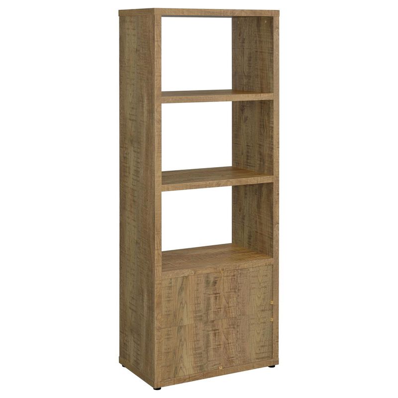 Tag 71 Inch Media Tower with 3 Shelves, 2 Doors, MDF Wood, Mango Brown - Benzara