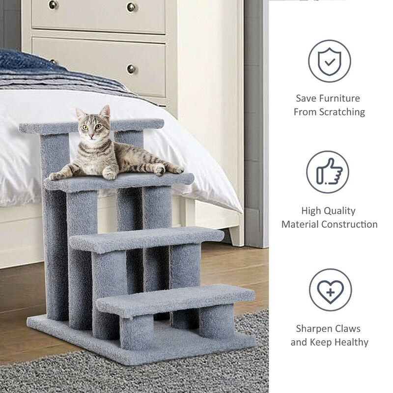 Gray Feline Climber: 25" 4-Step Carpeted Cat Stairs with Toy image number 4