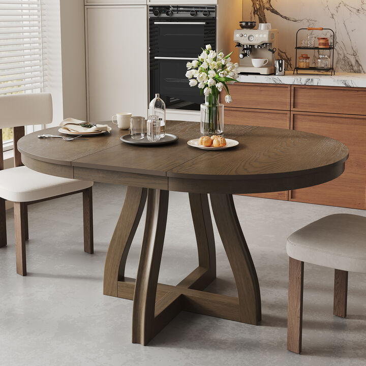 Merax Round Extendable Dining Table for 4-6, 16" Middle Leaf, Curved Table Legs