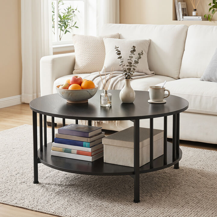 2 Tier Round Coffee Table with Open Storage Shelf and Metal Frame