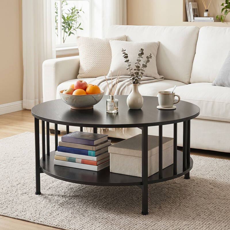 2 Tier Round Coffee Table with Open Storage Shelf and Metal Frame image number 1