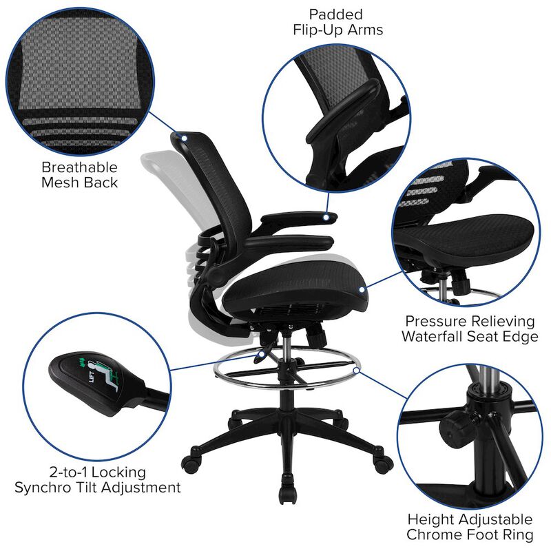 Flash Furniture Mid-Back Transparent Black Mesh Drafting Chair with Black Frame and Flip-Up Arms image number 2