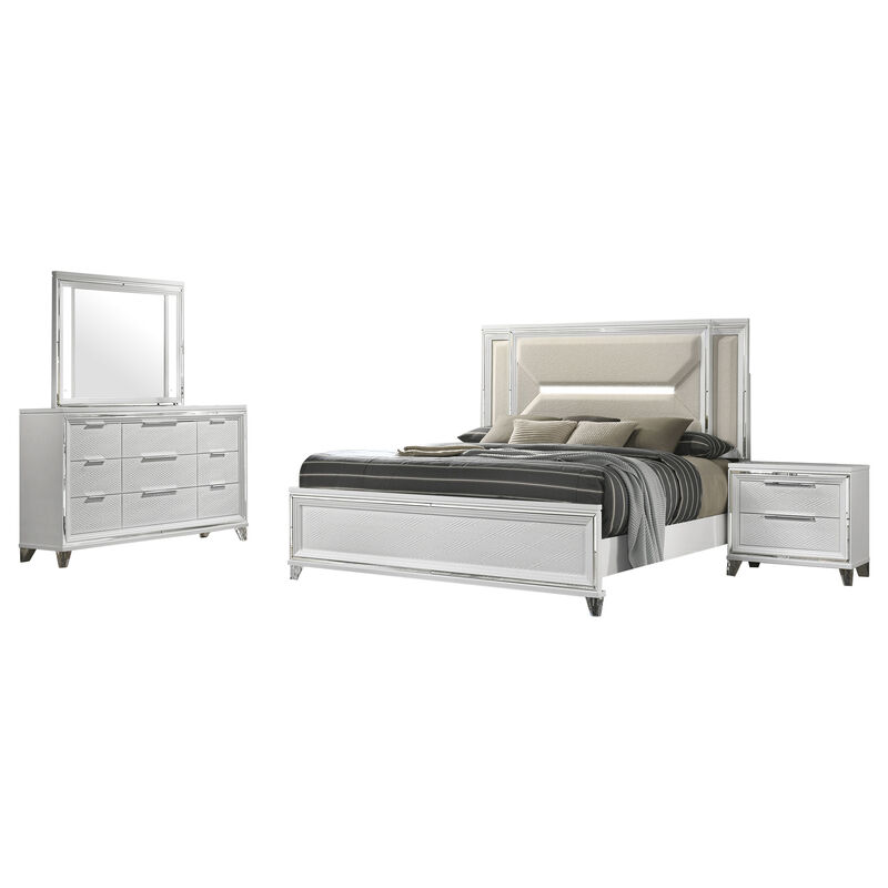 Mory 4pc Queen Bedroom Set, Herringbone Pattern, LED, White Wood