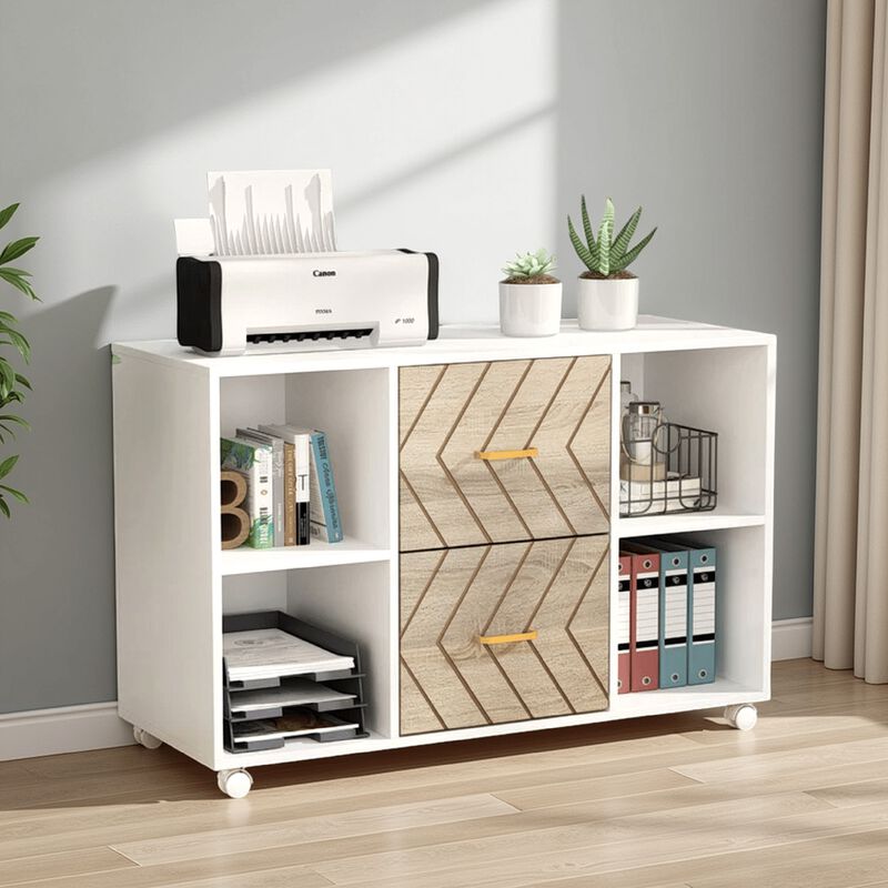 File Cabinet, 4 Storage Shelves, 2 Brown Drawers, Wheel Base 39 Inch - Benzara