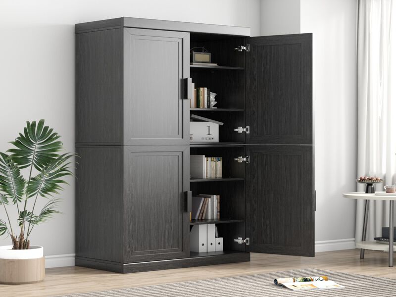 Modern Black Wooden Storage Cabinet - 6 Tier Organizer with Four Doors
