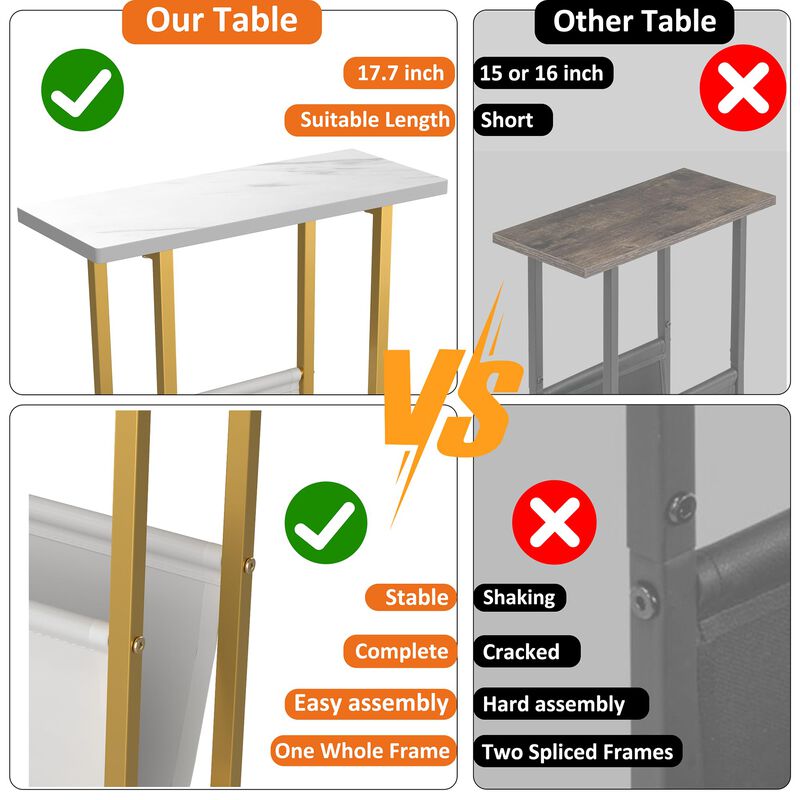 Yusong Small Narrow Side Table for Small Spaces, 17.7"" W Slim End Table Magazine Table Nighstand with Storage Holder, Accent Sk