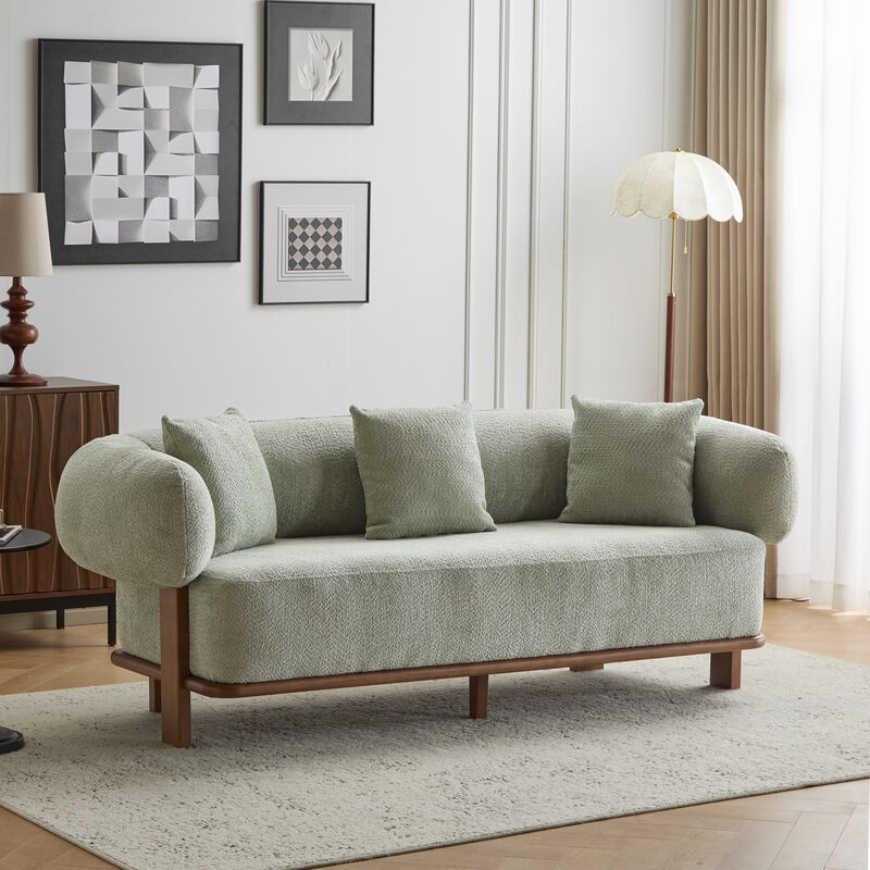 Christopher Knight Home Tadg 82" Rubberwood Boucle Upholstered 3 Seater Curved Sofa with 3 Pillows and Round Arm
