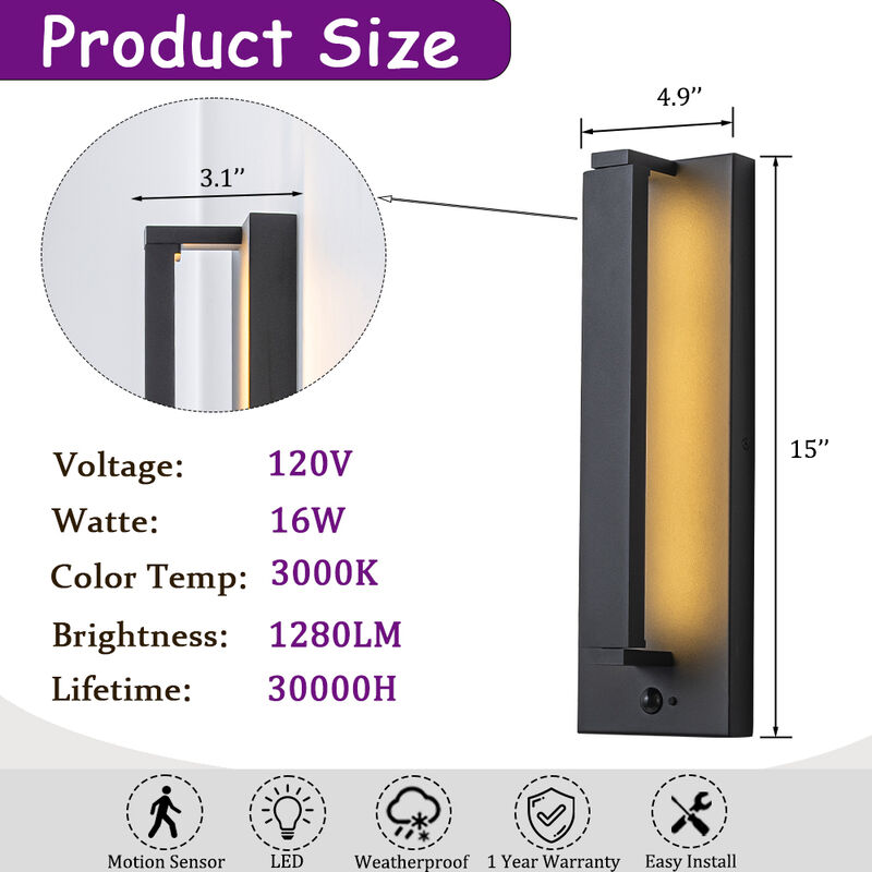 H15" Modern Motion Sensor Outdoor Wall Light 23W Integrated LED Wall Sconce Matte Black Iron Exterior Light Fixture for Porch Garage Patio image number 5