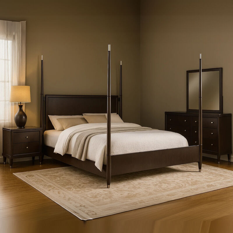 Amber 4pc Poster Queen Bed Set, Modern Dark Brown Wood, Dresser Mirror