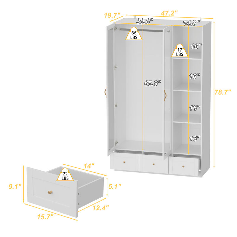 White Wood 47.2 in. W Tempered Glass Doors Armoires Wardrobe with Hanging Rods, 3-Drawers, Open Shelves 78.7 in. H