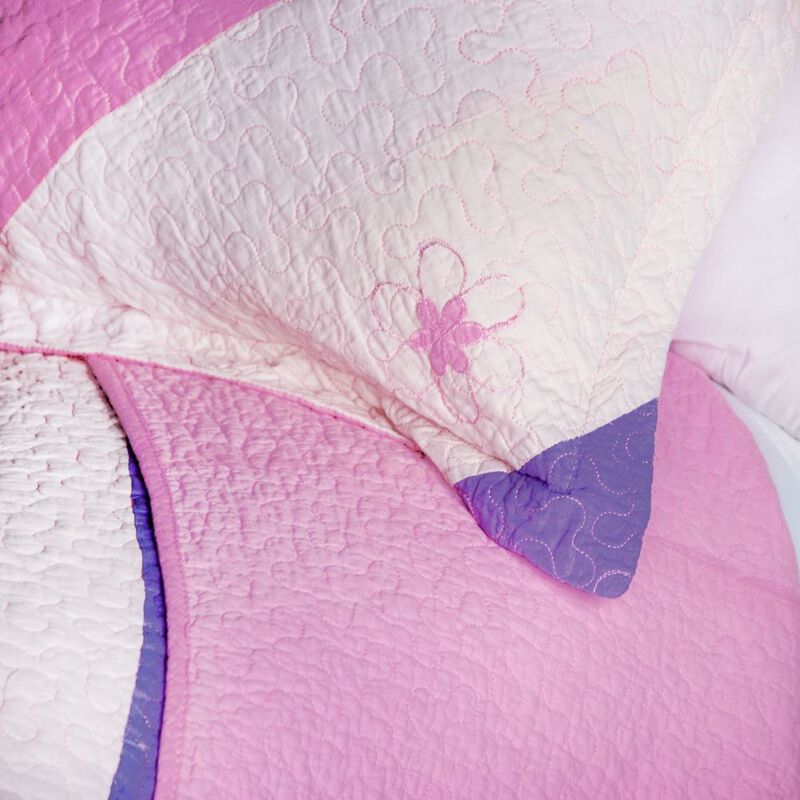 Vermicelli-Quilted Cotton Quilt Set 3-Piece with Embroidered Printed Design-Pink image number 2
