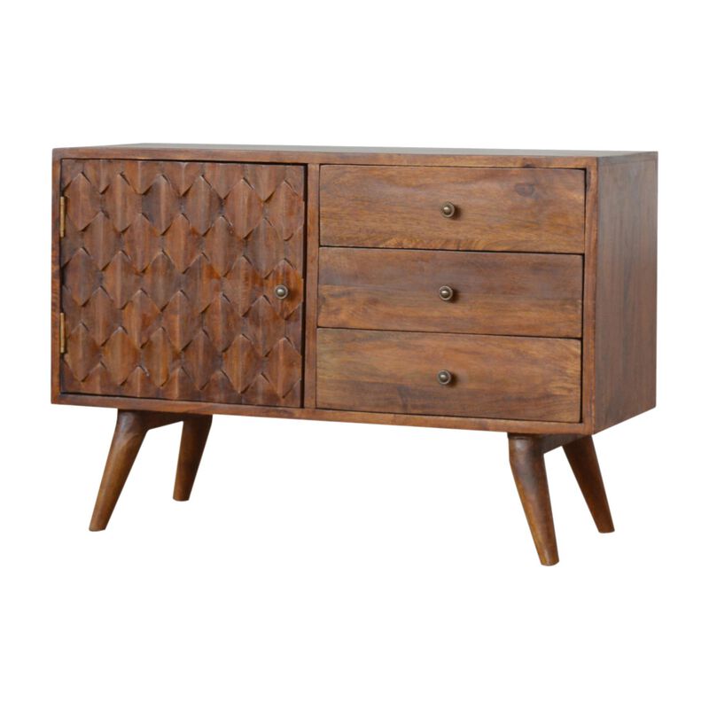 Solid Wood 1 Door 3 Drawer Carved Chestnut Sideboard