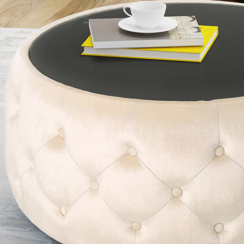 Streamdale Modern Glam Velvet Ottoman with Button-Tufted Stitch and Glass Top image number 4