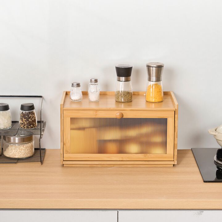 Large Wooden Bread Box for Kitchen Counter, Bread Storage Bin with Acrylic Wavy Door-Natural
