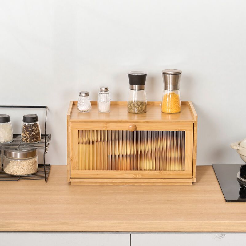Large Wooden Bread Box for Kitchen Counter, Bread Storage Bin with Acrylic Wavy Door-Natural image number 1