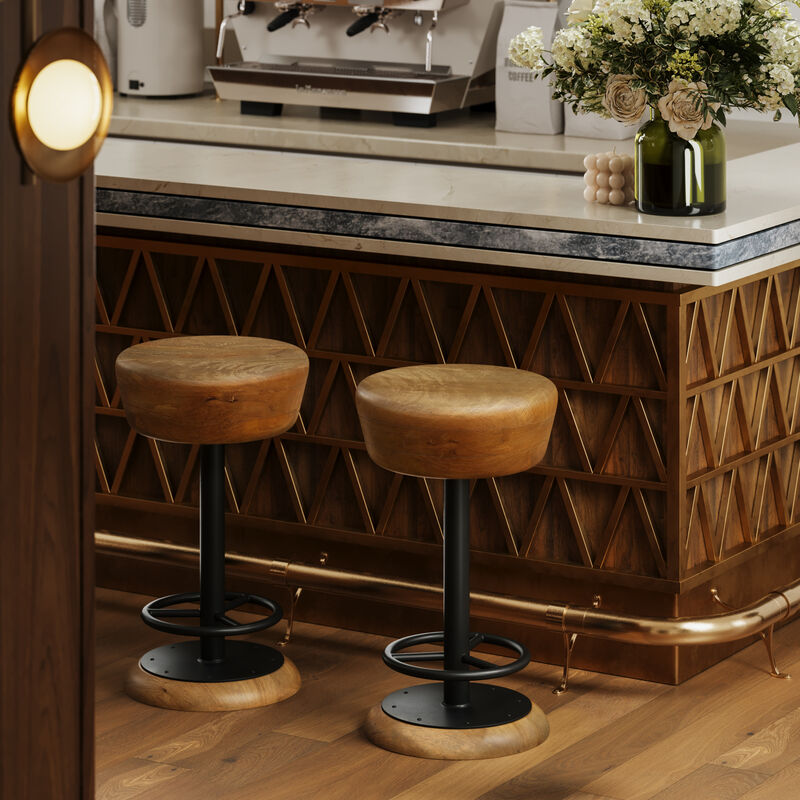 Rustic Charm Swivel Counter Bar Stool 24 Inch Handcrafted, Brown Mango Wood Round Seat, Black Iron Base with Footrest - Benzara