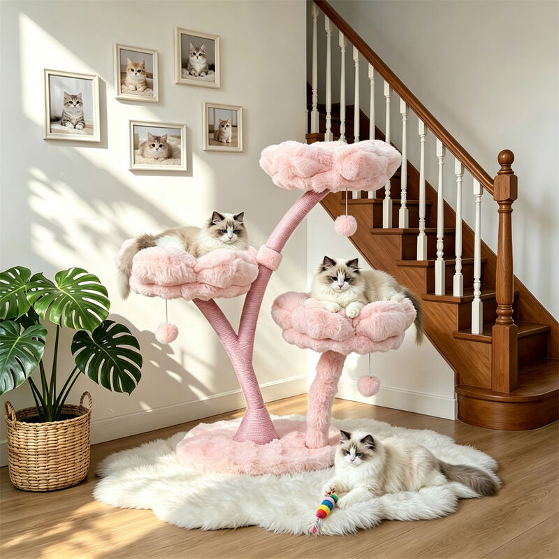 3-Tier Flower Cat Tree Pink Modern Cat Tower 41" Height Scratching Post Activity image number 2