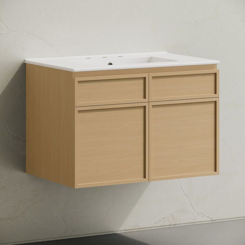 30" Wall-Mounted Bathroom Vanity in Natural Oak with 3-Hole Widespread Sink Top image number 1