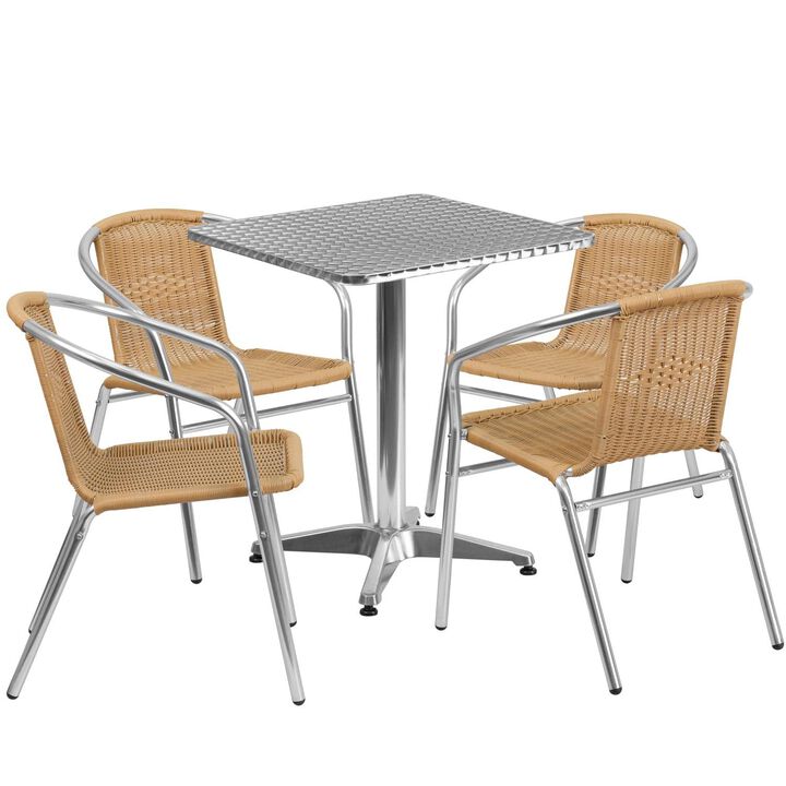 Flash Furniture 23.5'' Square Aluminum Indoor-Outdoor Table Set with 4 Beige Rattan Chairs