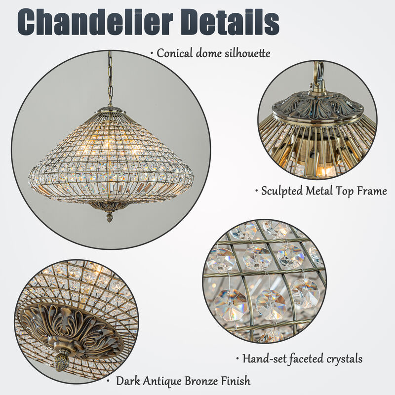 24'' Wide 6-Light Retro French Handcrafted Bird Cage Crystal Chandelier in Antique Bronze With Vintage Patina Dimmable for Dining Room or Bedroom image number 6