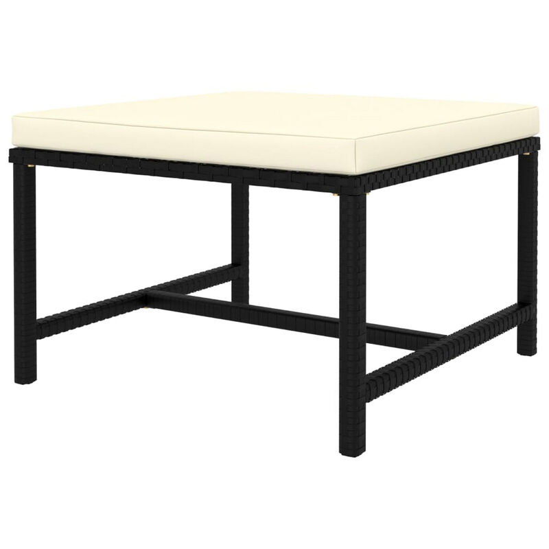 Reno Outdoor Sectional Footrest Ottoman, Black Rattan, Ivory Polyester - Benzara