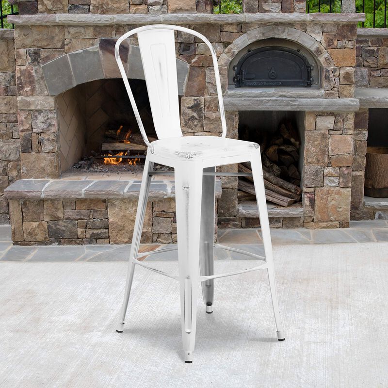 Flash Furniture Commercial Grade 30" High Distressed White Metal Indoor-Outdoor Barstool with Back