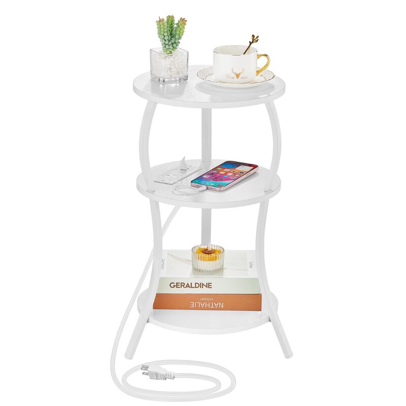 Small Round Side Table with Charging Station, 3-Tier Waist Circular End Table with Storage Shelf, Compact Tea Sofa Side Table Sm