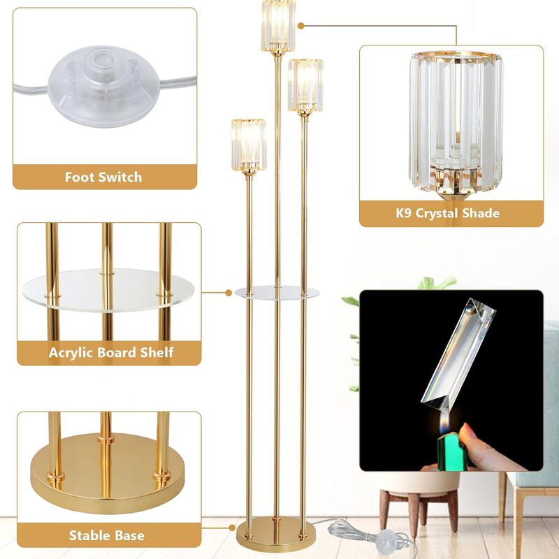 ELEMENT ACE Modern Mid-Century Floor Lamp with Built-In Storage Shelves, Crystal Shade, Stable Base, and Convenient Foot Switch Ideal for Living Room, Bedroom, Corner Spaces image number 2