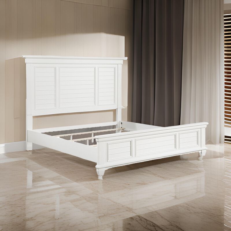 Lyni Queen Size Bed with Farmhouse Style Headboard, Solid White Acacia Wood