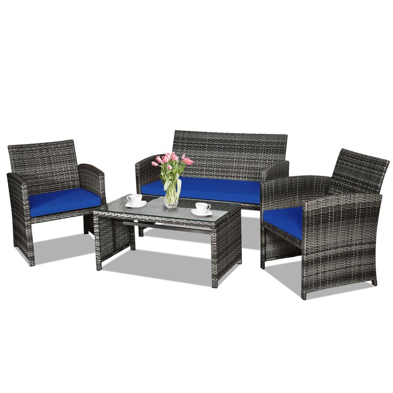 4 Pcs Patio Rattan Furniture Set Top Sofa With Glass Table