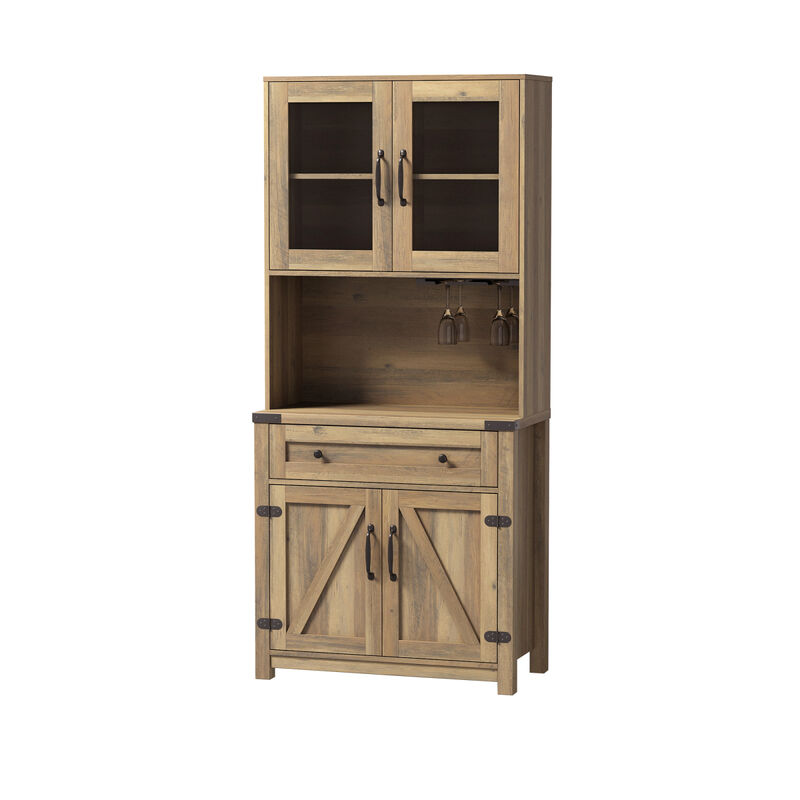 Modern Farmhouse Double Barn Door Accent Bar Cabinet with Goblet Holder, Yellow Walnut