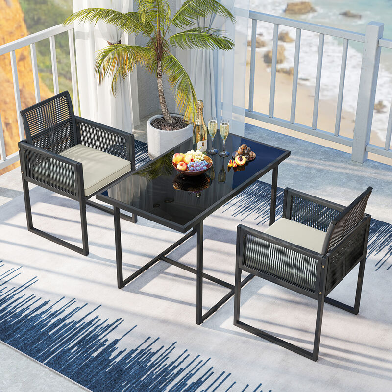 Outdoor Seating Set of 3 – Tempered Glass Table with 2 Patio Chairs