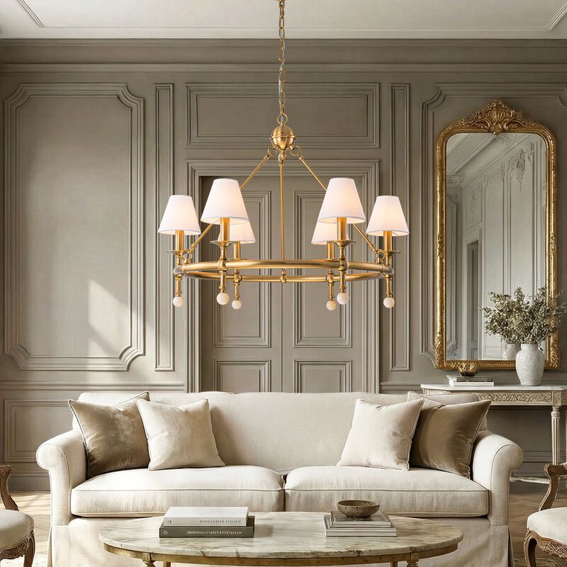 6-Light W34 Inch Warm Brass Statement Chandelier Unique Classic Lighting with White Fabric Lamp Shades and Alabaster Finials for Dining Room Living Room image number 2