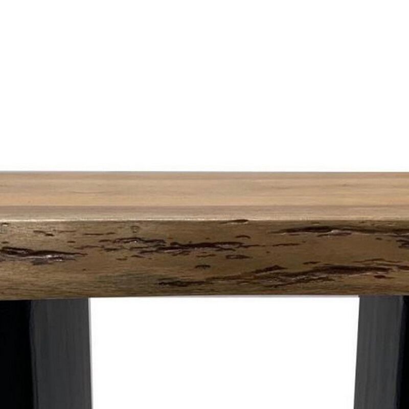 Mya 23 Inch Square End Table with Live Edge Wood Top, Wide Black Iron Legs