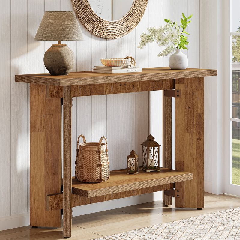 2-Tier Sofa Console Table with Storage Shelf for Narrow Entryway-Brown image number 5