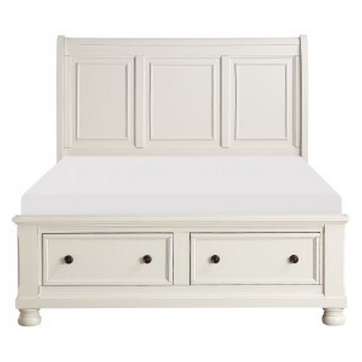 Bency Queen Sleigh Style Platform Bed, 2 Drawer Footboard, Bun Legs, White