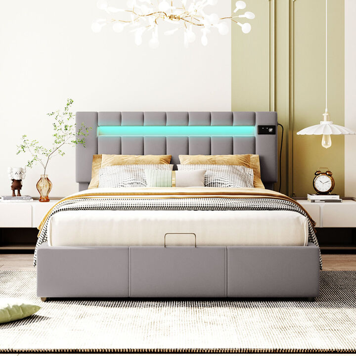 Upholstered Bed Queen Size with LED light, Bluetooth Player and USB Charging, Hydraulic Storage Bed in Beige Velvet Fabric