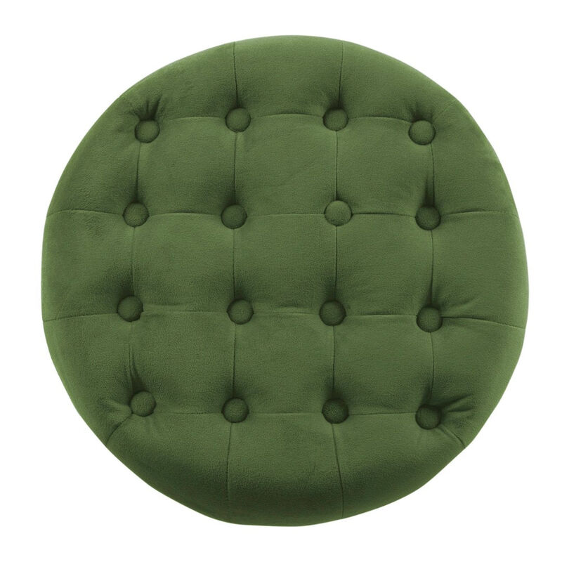 Button Tufted Velvet Upholstered Wooden Ottoman with Hidden Storage, Green and Brown - Benzara