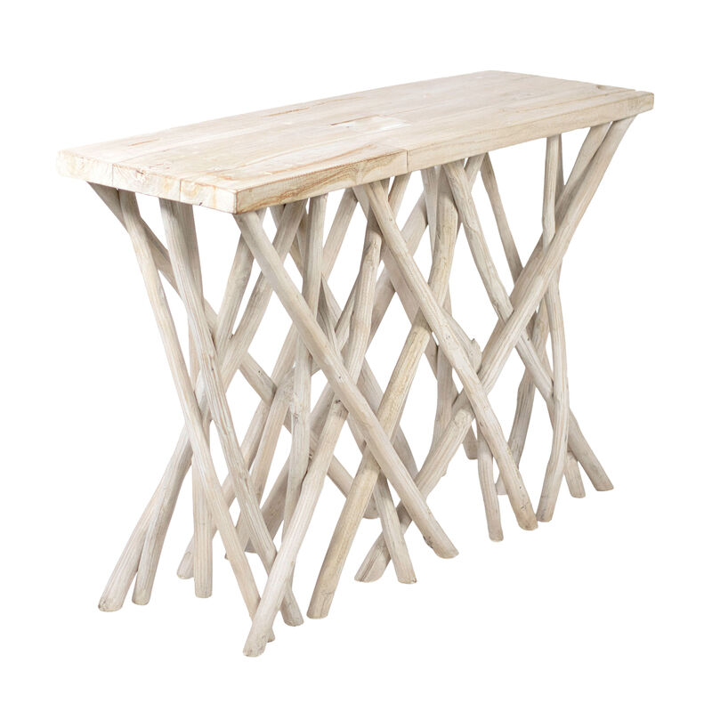 Kyra 47 Inch Sofa Console Table, Solid Teakwood Branch Legs, Whitewash Finish image number 2