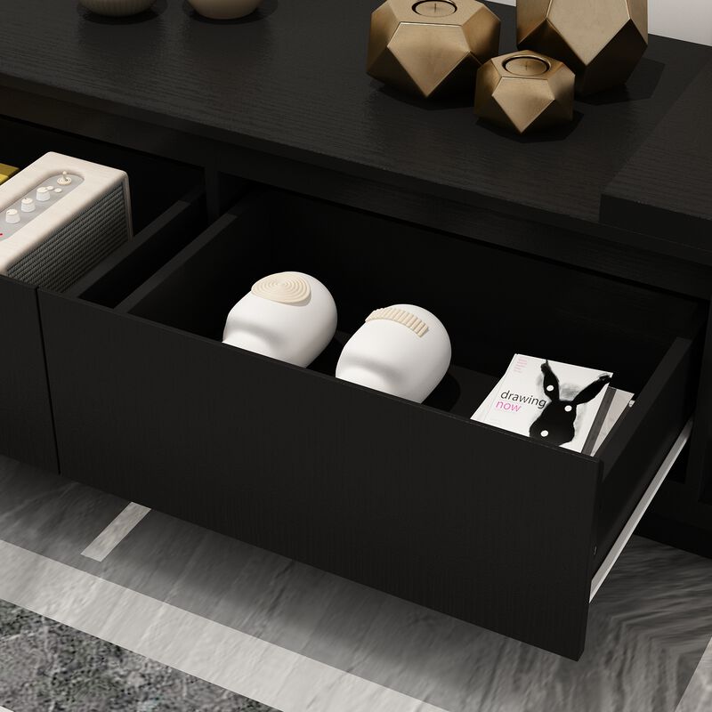 Extendable TV Stand Entertainment Center Black Wood Media Console Fits TV up to 120 in., With Drawers (65.4-106.3"W)