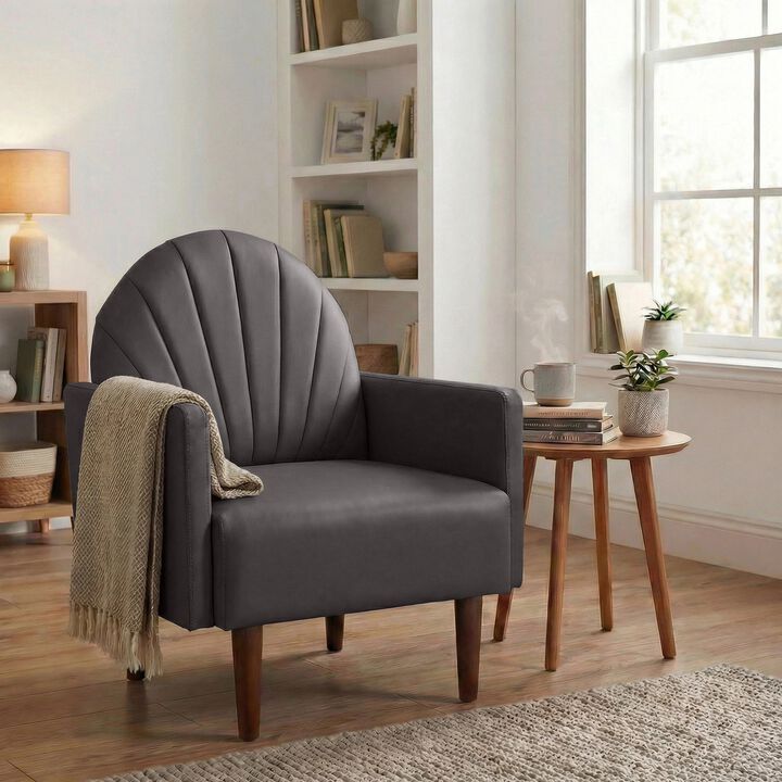 GOODSILO Contemporary Shell-Shaped Armchair with Curved Backrest and Wooden Legs for Modern Living Spaces