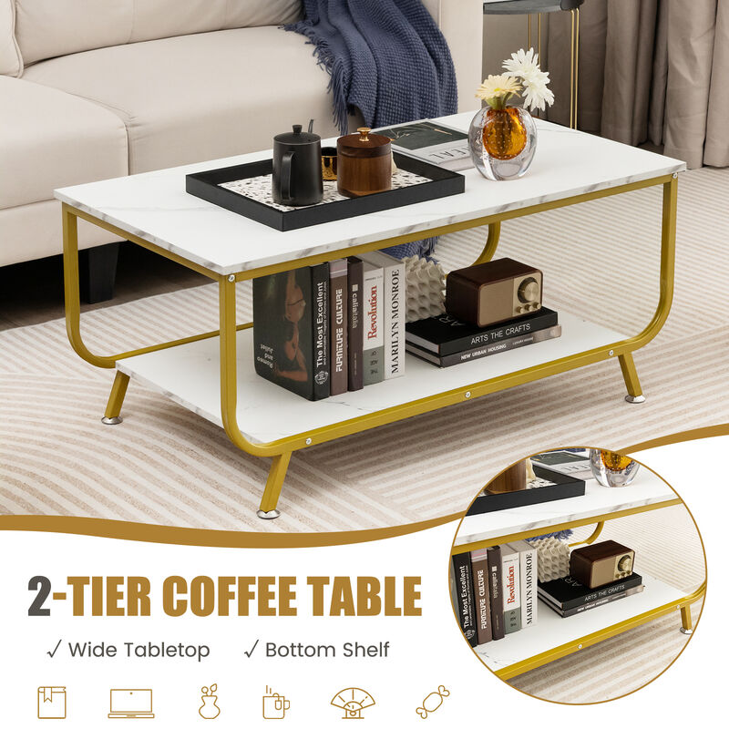 2-Tier Faux Marble Top Rectangular Coffee Table with Metal Frame-White