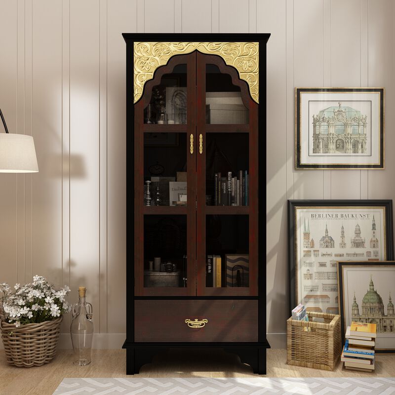 FUFU&GAGA Classic Display Bookcase with Glass Doors & Drawer, Solid Wood Front & Ornate Golden Details, (31.5 in. W x 15.7 in. D x 70.9 in. H), Black and Gold